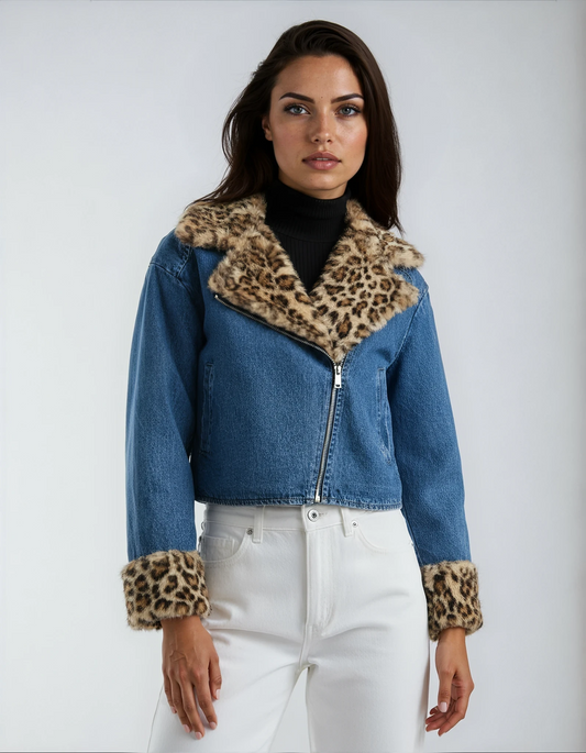 Giubbino Denim inserti Ecopelliccia maculata BORMIO