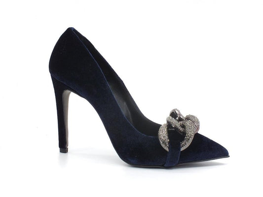 DIVINE FOLLIE Dècolletè Velluto Tacco Catena Blue 1502 - Sandrini Calzature e Abbigliamento