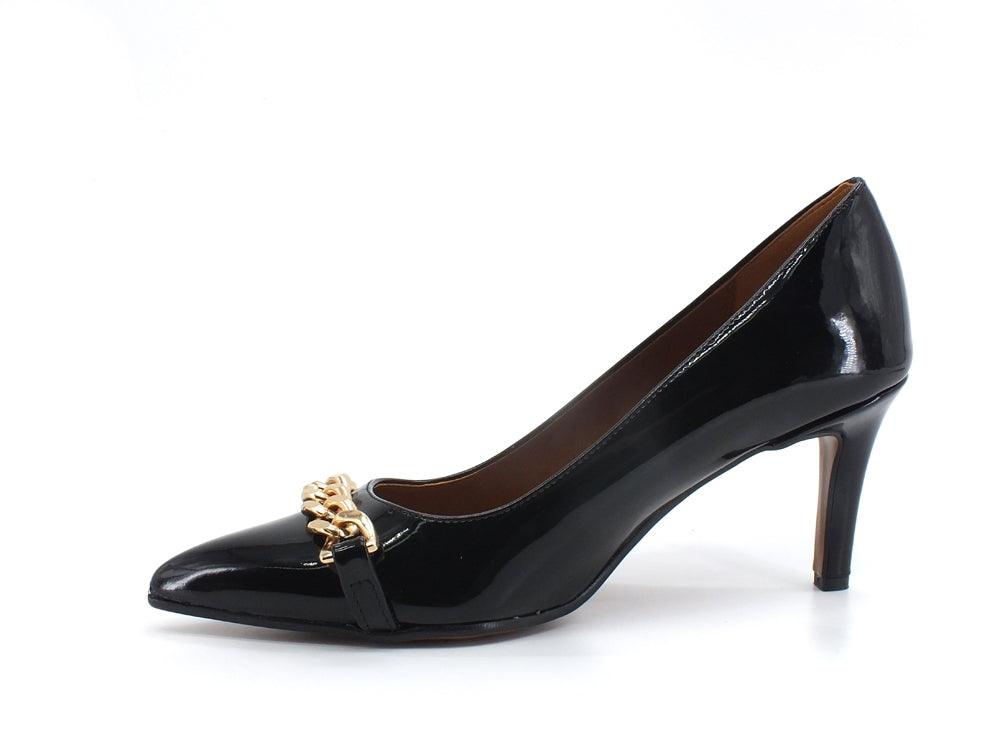 DIVINE FOLLIE Décolleté Vernice Tacco Catena Nero 42147 - Sandrini Calzature e Abbigliamento
