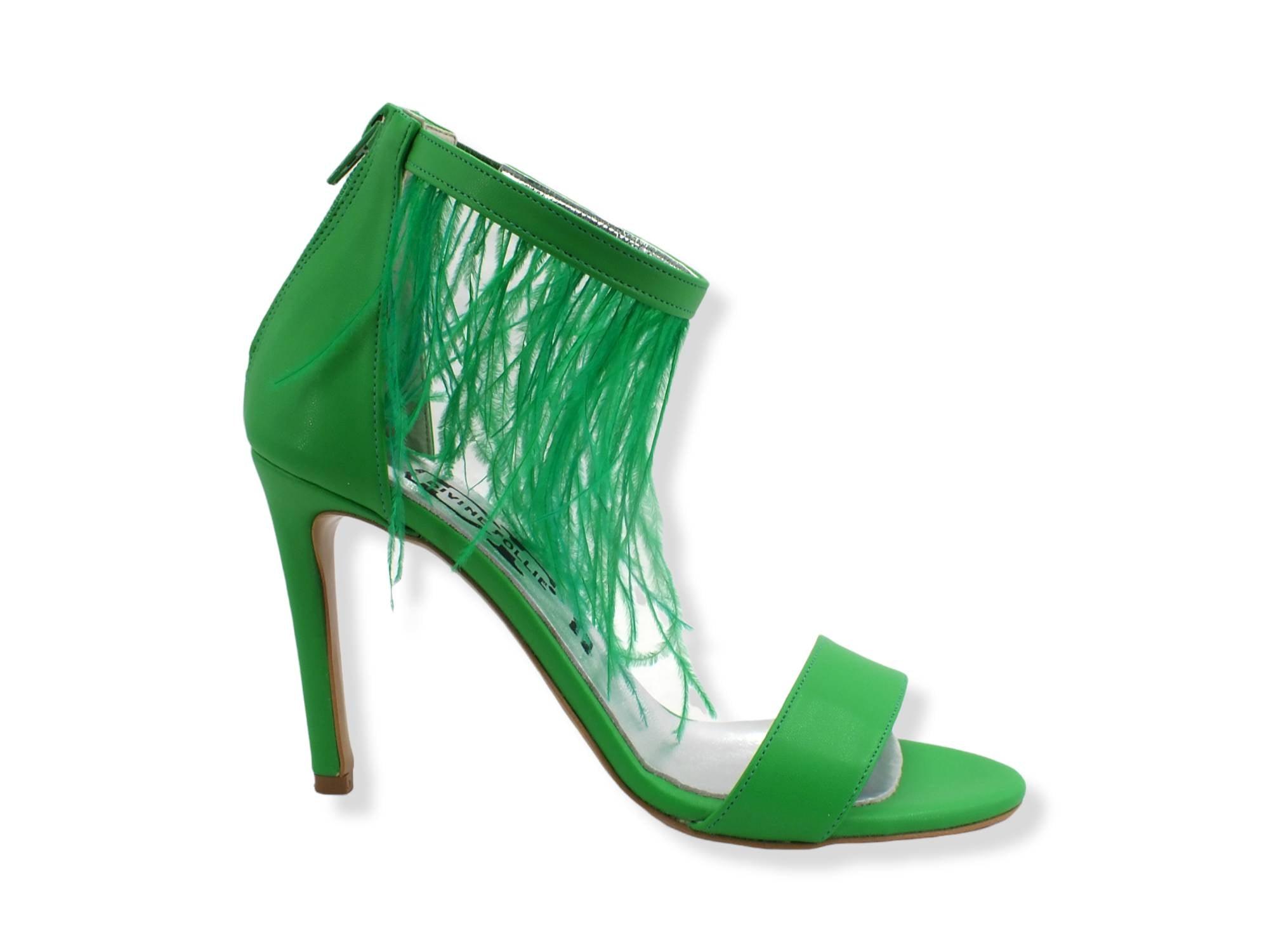 DIVINE FOLLIE Sandalo Tacco Alto Piume Zip Verde 102 - Sandrini Calzature e Abbigliamento