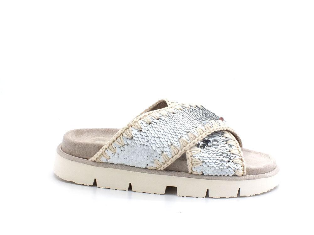 MOU Criss Cross Sandalo Plain Sequins Ciabatta White Silver MU.SW461000G - Sandrini Calzature e Abbigliamento
