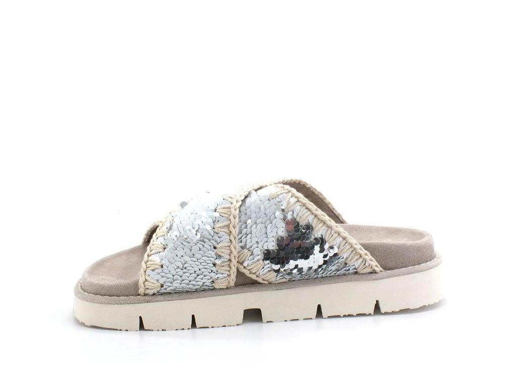 MOU Criss Cross Sandalo Plain Sequins Ciabatta White Silver MU.SW461000G - Sandrini Calzature e Abbigliamento