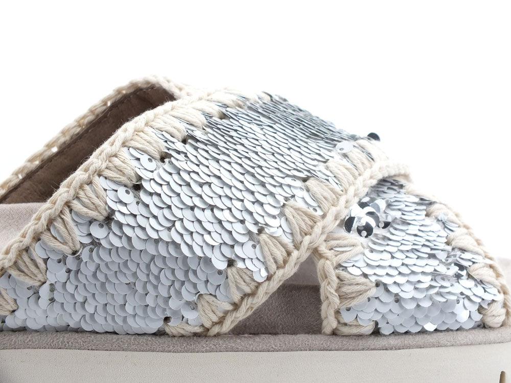 MOU Criss Cross Sandalo Plain Sequins Ciabatta White Silver MU.SW461000G - Sandrini Calzature e Abbigliamento