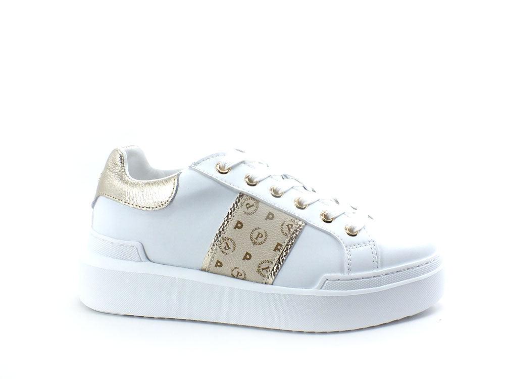 POLLINI Sneaker Platform Loghi Retro Lamè Bianco Platino TA15034G07Q1A10H - Sandrini Calzature e Abbigliamento