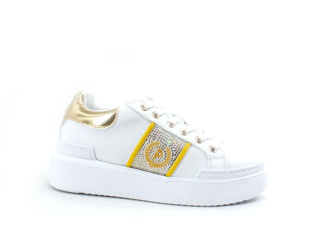 POLLINI Sneaker Strass Loghi Retro Lamè Bianco Oro SA15034G0EXG110B - Sandrini Calzature e Abbigliamento