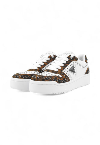 GUESS Sneakers Donna Bianco Animalier Borchie FLFMGNPEL12-AI26-LEOPA