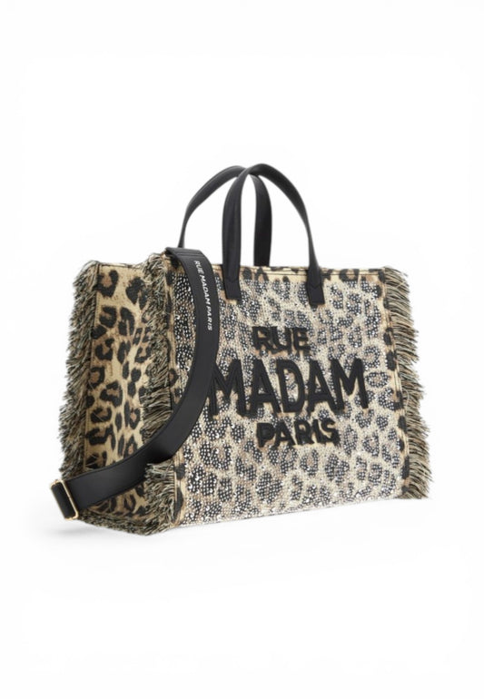 RUE MADAME Borsa A Mano Donna Beige Nero Animalier Strass 1528-PE26-LEOPARD
