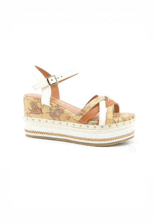 Alviero Martini 1A Classe Sandali Con Zeppa Donna - Bianco Ecopelle, Tacco A Zeppa, Chiusura Con Fibbia