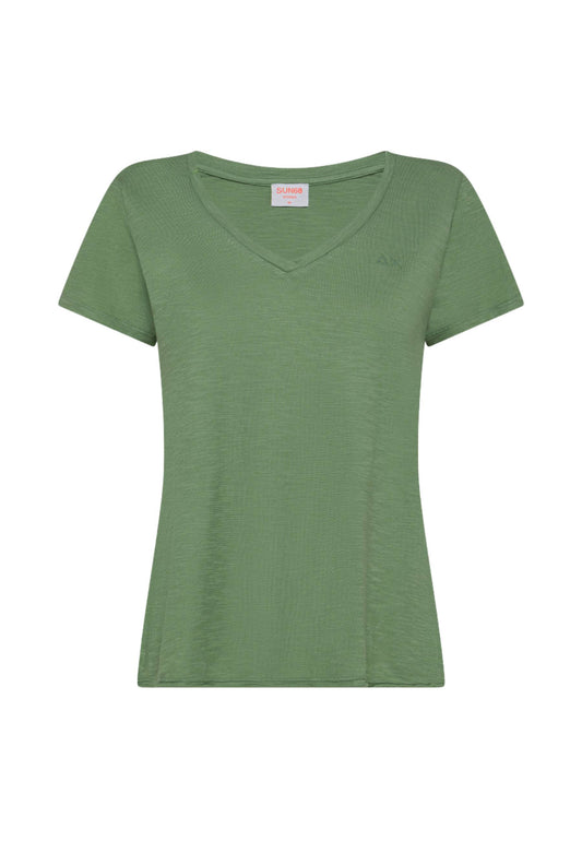 SUN68 T-Shirt Scollo a V Donna Verde Salvia T35240-PE25-84