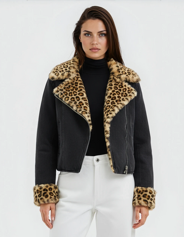 Giubbino Denim inserti Ecopelliccia maculata BORMIO