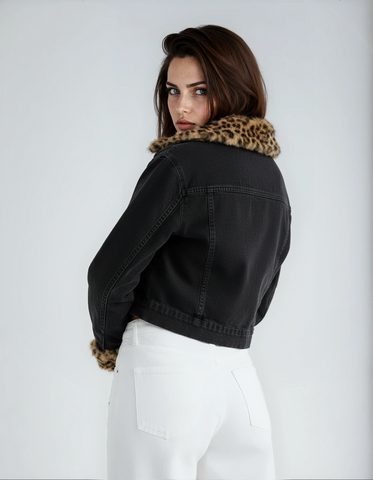 Giubbino Denim inserti Ecopelliccia maculata BORMIO