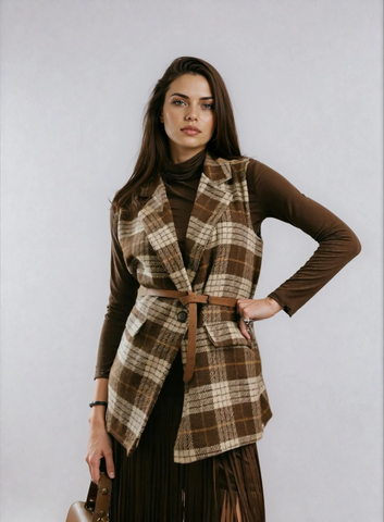 GILET SMANICATO QUADRI FRANGE MARRONE BEIGE