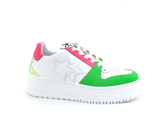 2STAR Sneaker Queen Low Platform White Pink Fluo Green 2SD3493 - Sandrini Calzature e Abbigliamento