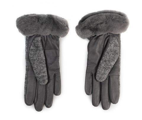UGG W Fabbic Lthr Shorty Glove Guanti Pelo Charcoal 18813