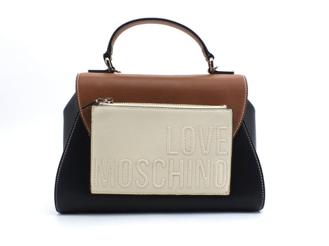 LOVE MOSCHINO Borsa Manici Tracolla PU Mix Nero Cuoio Avorio JC4014PP1BLB100B