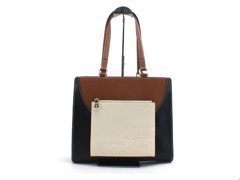 LOVE MOSCHINO Borsa Spalla Manici PU Mix Nero Cuoio Avorio JC4016PP1BLB100B