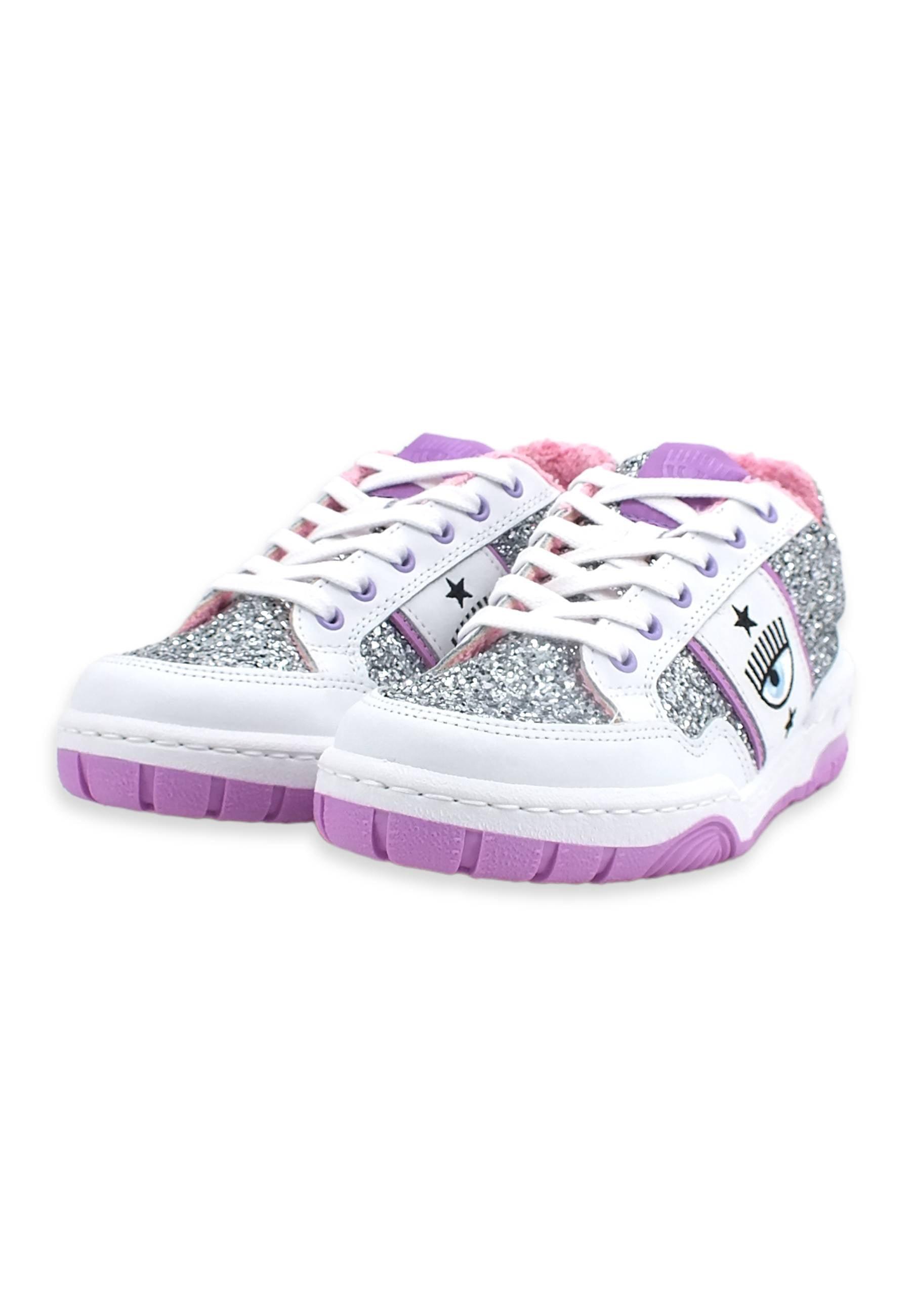 CHIARA FERRAGNI Sneaker Low Glitter Bianco Silver Violet CF3001-139 - Sandrini Calzature e Abbigliamento