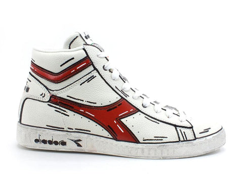 CUSTOM / Diadora Game High Waxed Sneaker Cartoon White Rosso 501.159657C5147 - Sandrini Calzature e Abbigliamento