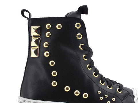 DIVINE FOLLIE Anfibio Combact Borchie Nero DF2100B - Sandrini Calzature e Abbigliamento