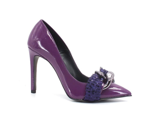 DIVINE FOLLIE Dècolletè Vernice Tacco Catena Viola 1501 - Sandrini Calzature e Abbigliamento