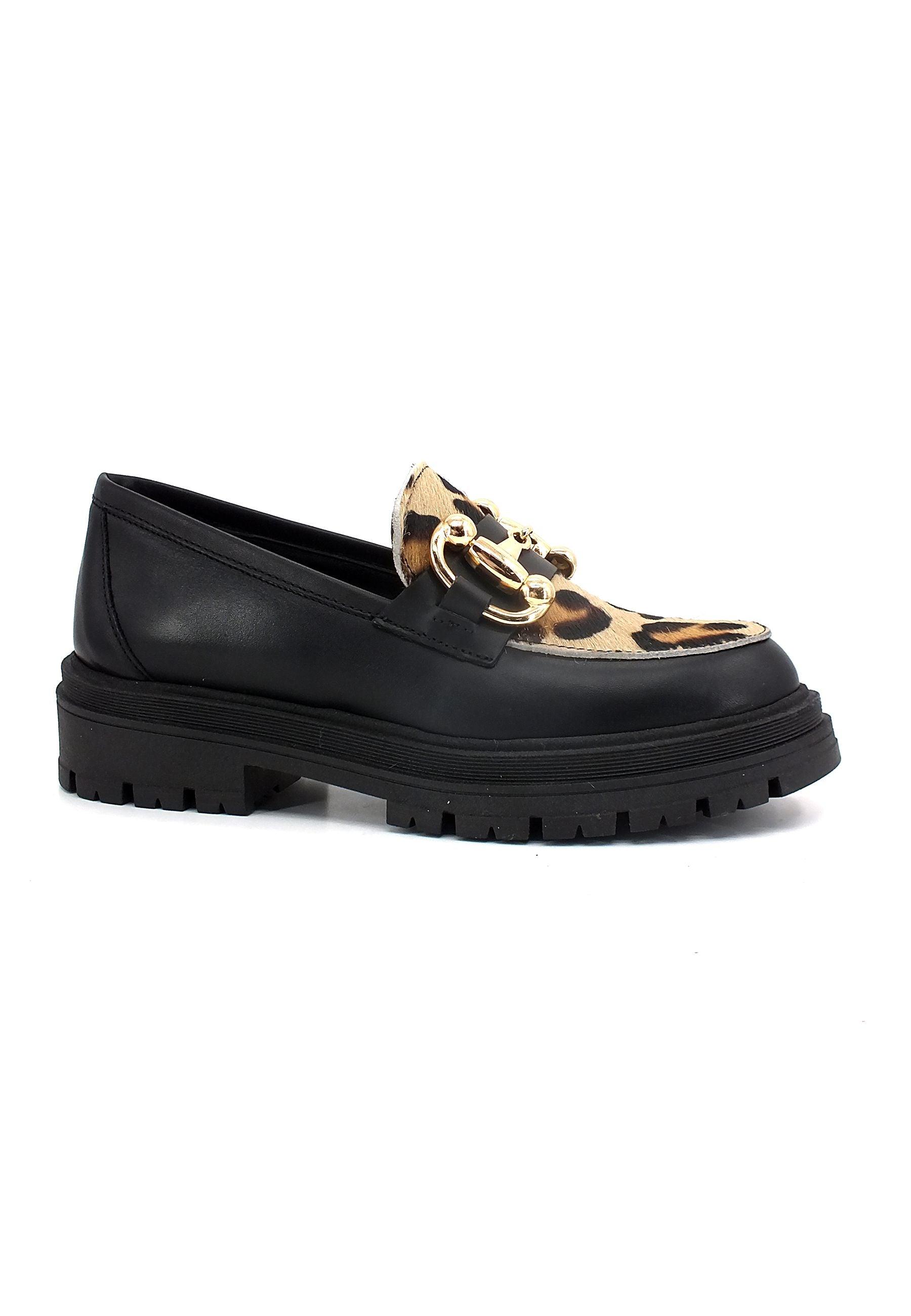 DIVINE FOLLIE Mocassino Combat Donna Nero Maculato DF2234 - Sandrini Calzature e Abbigliamento