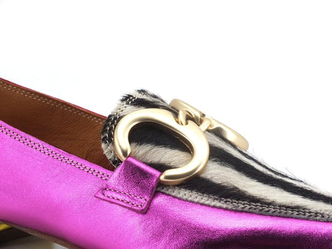 DIVINE FOLLIE Mocassino Punta Animalier Zebra Fuxia Giallo Rosa 901-01F - Sandrini Calzature e Abbigliamento