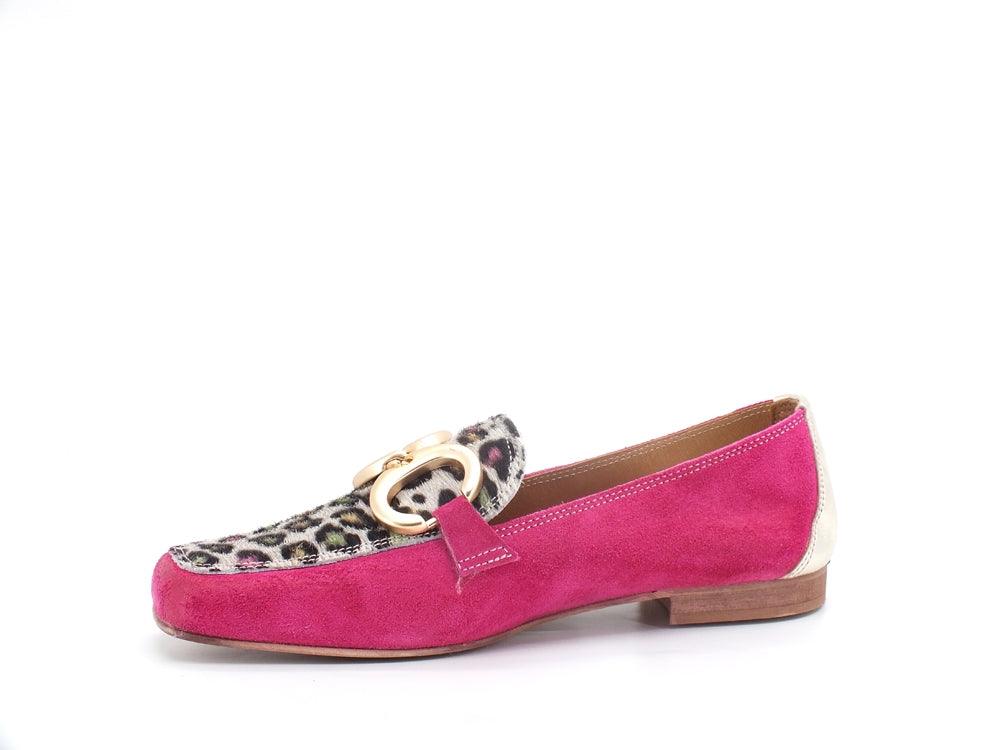 DIVINE FOLLIE Mocassino Suede Animalier Leopard Fuxia Rosa Oro 832-17 - Sandrini Calzature e Abbigliamento