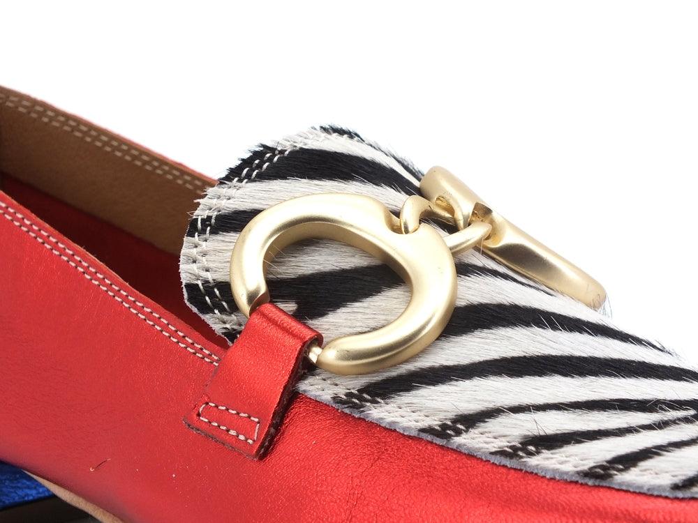 DIVINE FOLLIE Mocassino Suede Animalier Zebra Rosso Blu 832-17 - Sandrini Calzature e Abbigliamento