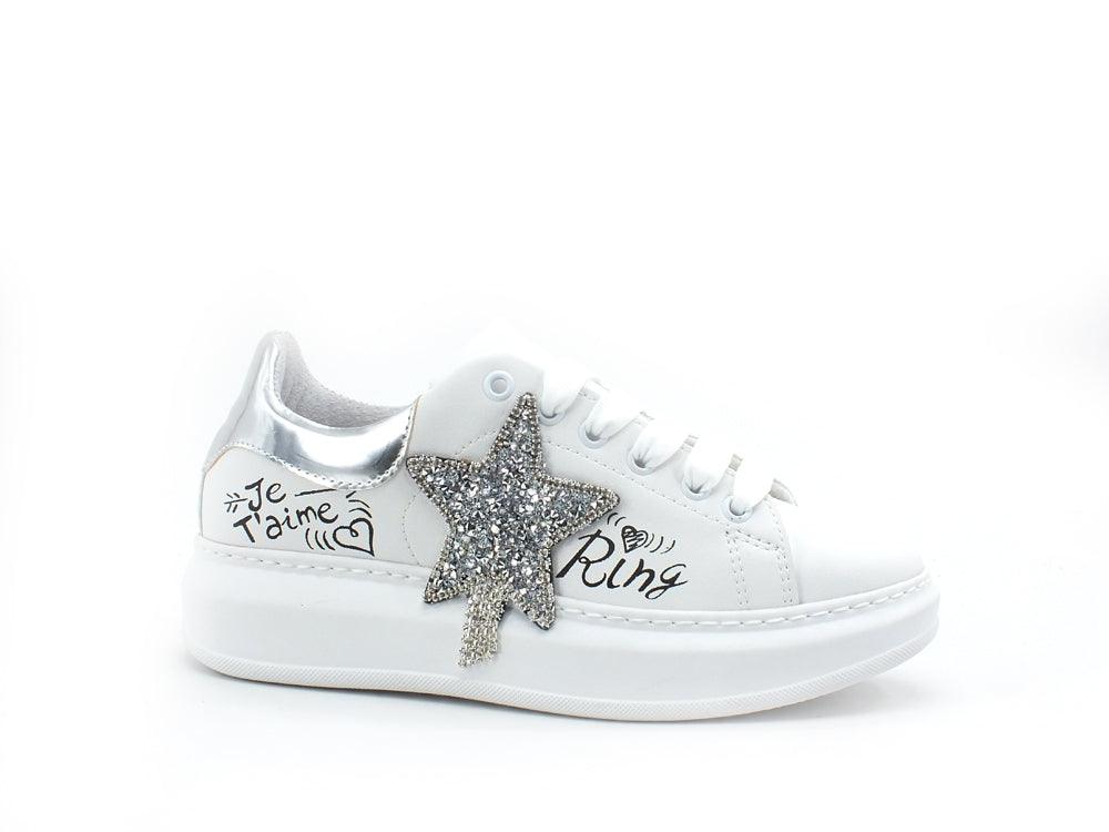 DIVINE FOLLIE Sneaker Pelle Platform Stella Glitter Bianco Argneto 70-813 - Sandrini Calzature e Abbigliamento