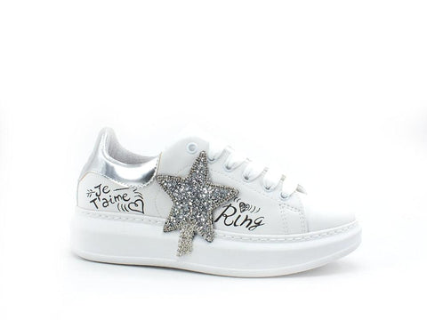 DIVINE FOLLIE Sneaker Pelle Platform Stella Glitter Bianco Argneto 70-813 - Sandrini Calzature e Abbigliamento