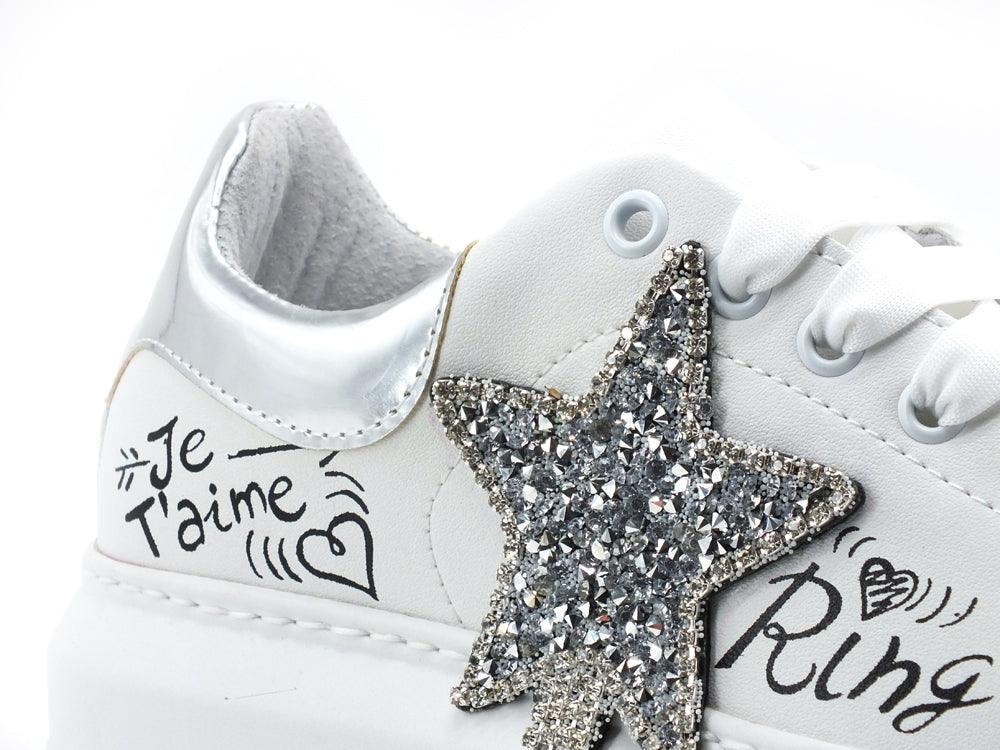 DIVINE FOLLIE Sneaker Pelle Platform Stella Glitter Bianco Argneto 70-813 - Sandrini Calzature e Abbigliamento