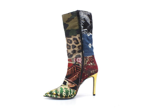 DIVINE FOLLIE Stivale Tacco Patchwork Multicolor 2028 - Sandrini Calzature e Abbigliamento