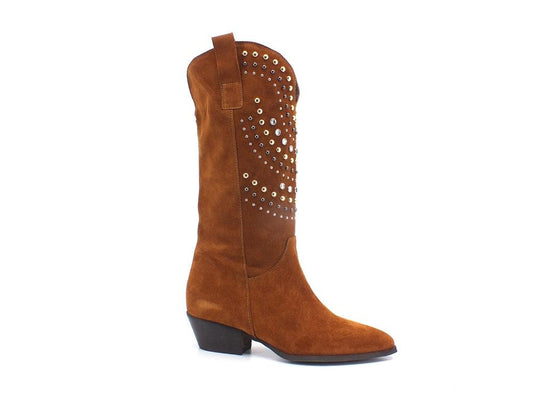 DIVINE FOLLIE Texano Alto Crosta Borchie Cuoio 17173 - Sandrini Calzature e Abbigliamento