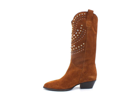 DIVINE FOLLIE Texano Alto Crosta Borchie Cuoio 17173 - Sandrini Calzature e Abbigliamento