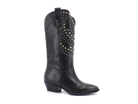 DIVINE FOLLIE Texano Alto Crosta Borchie Nero 17173 - Sandrini Calzature e Abbigliamento