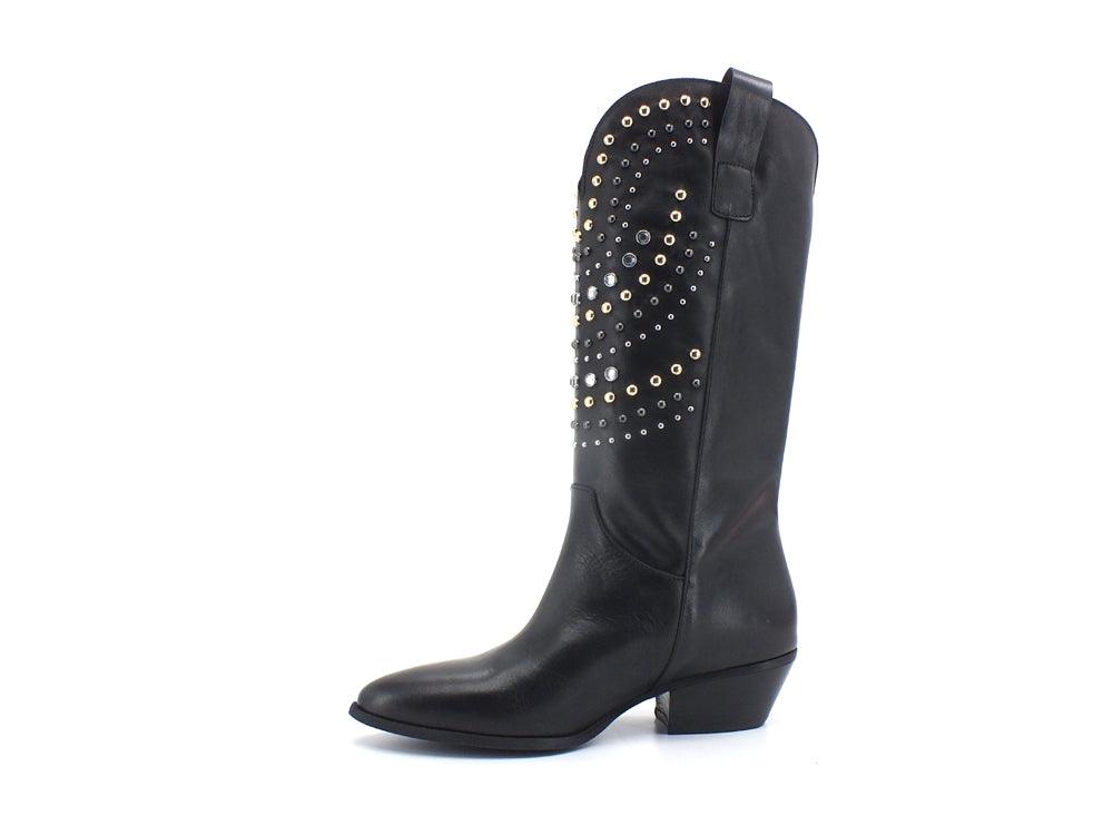 DIVINE FOLLIE Texano Alto Crosta Borchie Nero 17173 - Sandrini Calzature e Abbigliamento