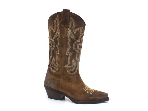 DIVINE FOLLIE Texano Alto Ricamo Pelle Ingrassata Taupe DX327B - Sandrini Calzature e Abbigliamento