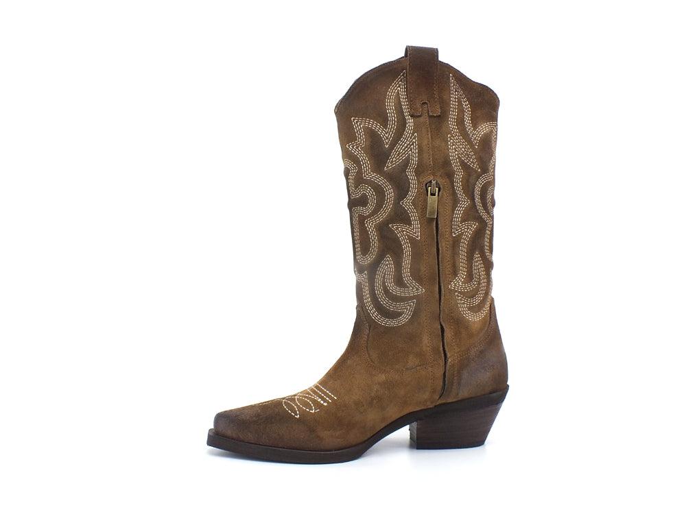 DIVINE FOLLIE Texano Alto Ricamo Pelle Ingrassata Taupe DX327B - Sandrini Calzature e Abbigliamento