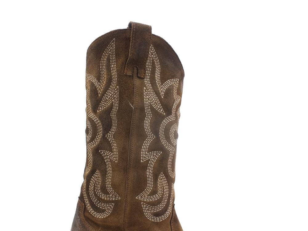 DIVINE FOLLIE Texano Alto Ricamo Pelle Ingrassata Taupe DX327B - Sandrini Calzature e Abbigliamento