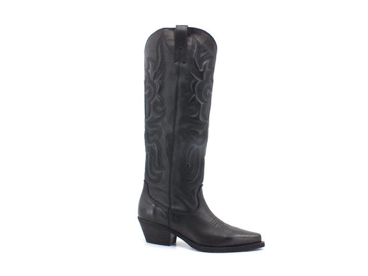 DIVINE FOLLIE Texano Alto Ricamo Pelle Nero DX328B - Sandrini Calzature e Abbigliamento