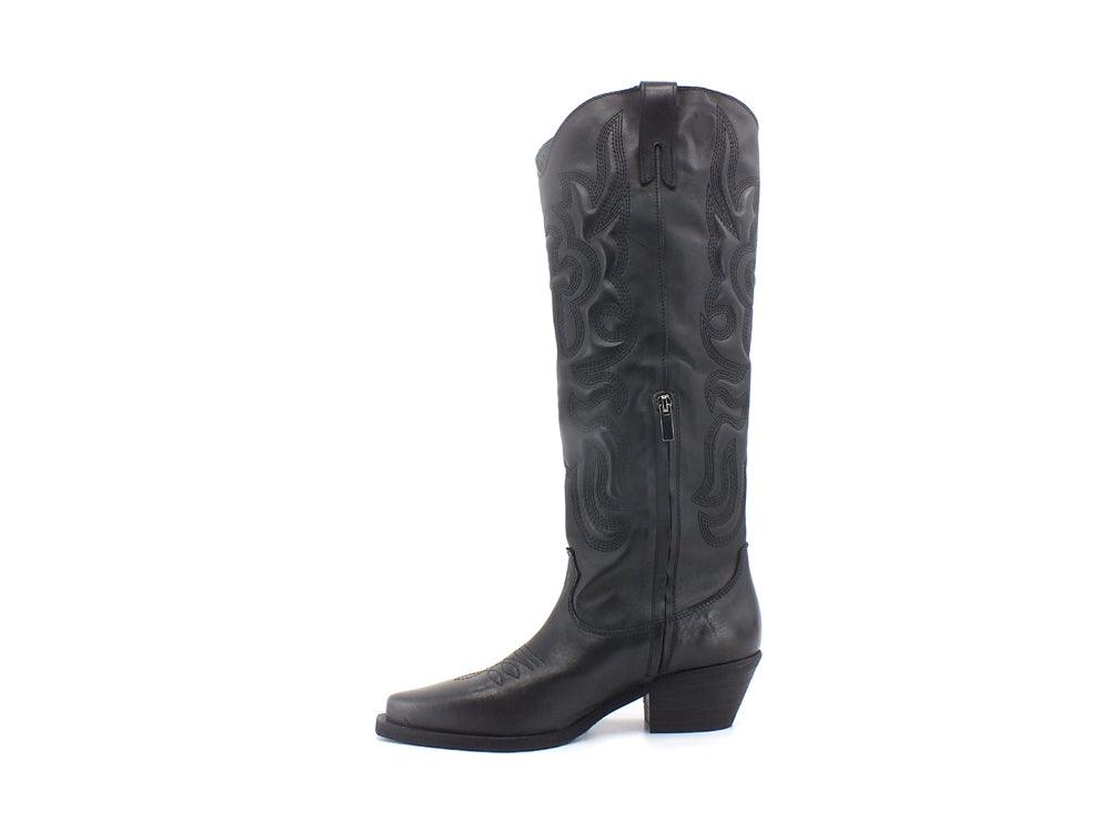 DIVINE FOLLIE Texano Alto Ricamo Pelle Nero DX328B - Sandrini Calzature e Abbigliamento