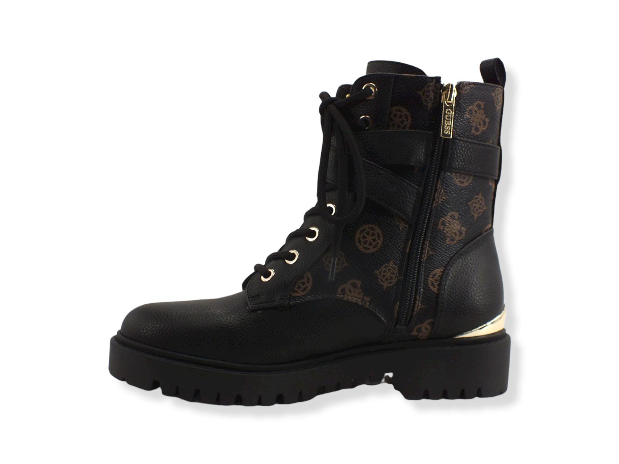 GUESS Anfibio Donna Loghi Printed Zip Laterali Black Gold FL8ONAFAL10 - Sandrini Calzature e Abbigliamento