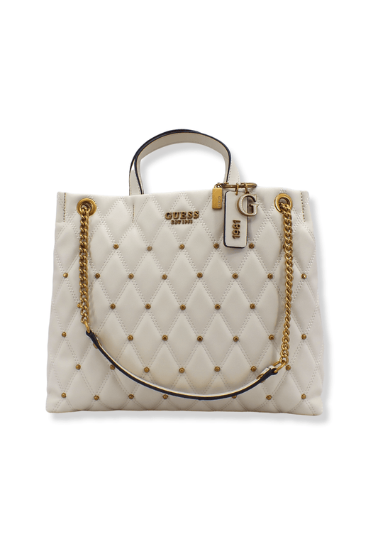 GUESS Tirana Shopper Borchie Borsa Tracolla Donna Bianco Ivory QS855324 - Sandrini Calzature e Abbigliamento