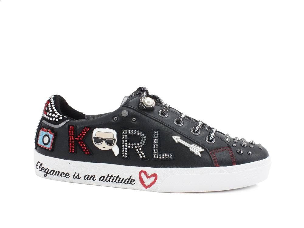 KARL LAGERFELD Skool Sneaker Strass Black Leather Silver KL60116 - Sandrini Calzature e Abbigliamento
