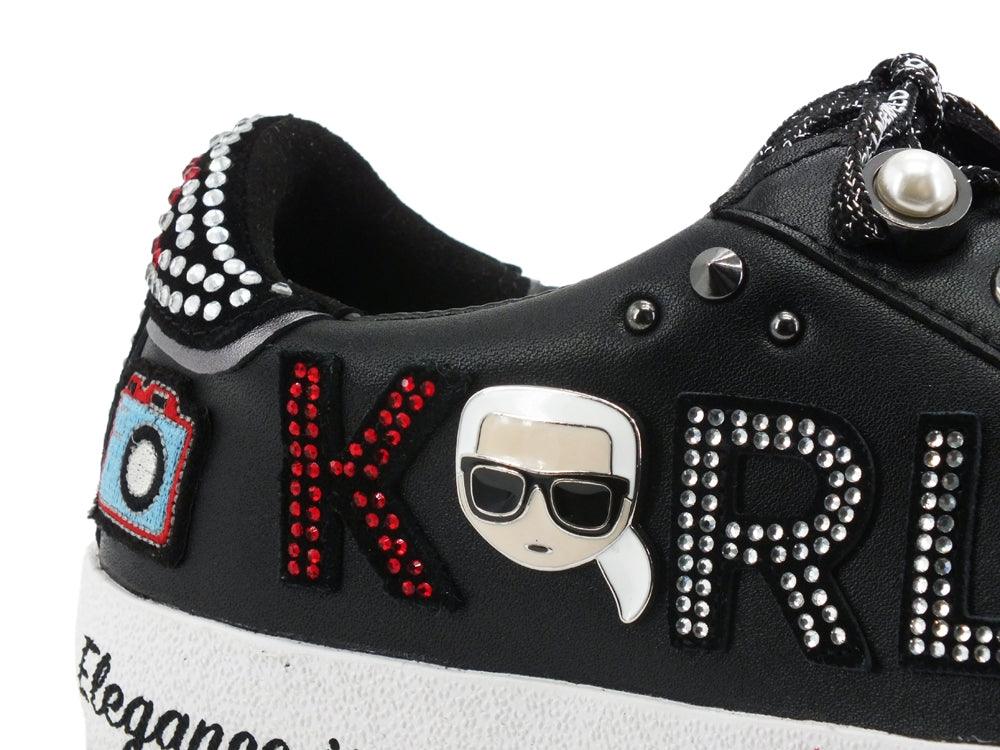 KARL LAGERFELD Skool Sneaker Strass Black Leather Silver KL60116 - Sandrini Calzature e Abbigliamento