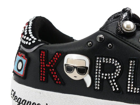 KARL LAGERFELD Skool Sneaker Strass Black Leather Silver KL60116 - Sandrini Calzature e Abbigliamento