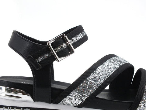 LIU JO Maxi Wonder Sandal 15 Sandalo Glitter Silver Black BA2147TX053 - Sandrini Calzature e Abbigliamento