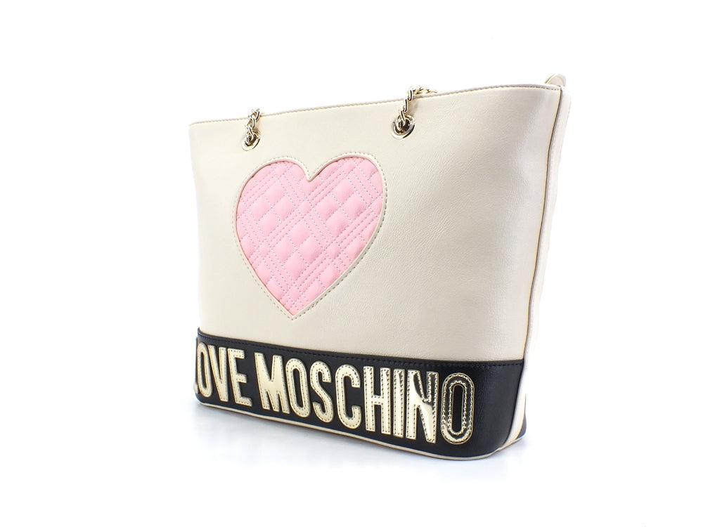 LOVE MOSCHINO Borsa Tote Cuore Quilted Avorio Nero Rosa JC4024PP1ELD111A - Sandrini Calzature e Abbigliamento