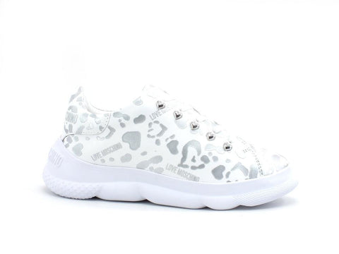 LOVE MOSCHINO Camp 40 Stampa Leopard Sneaker Donna Bianco Argento JA15374G0CJE090B - Sandrini Calzature e Abbigliamento