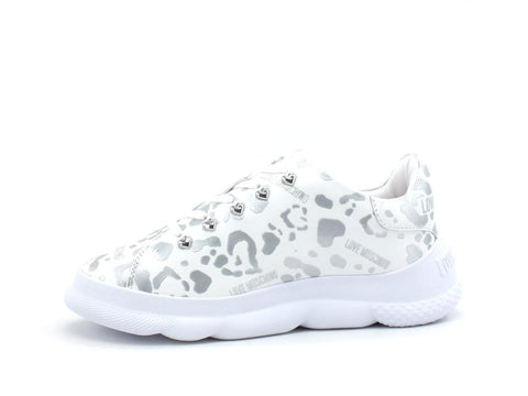 LOVE MOSCHINO Camp 40 Stampa Leopard Sneaker Donna Bianco Argento JA15374G0CJE090B - Sandrini Calzature e Abbigliamento